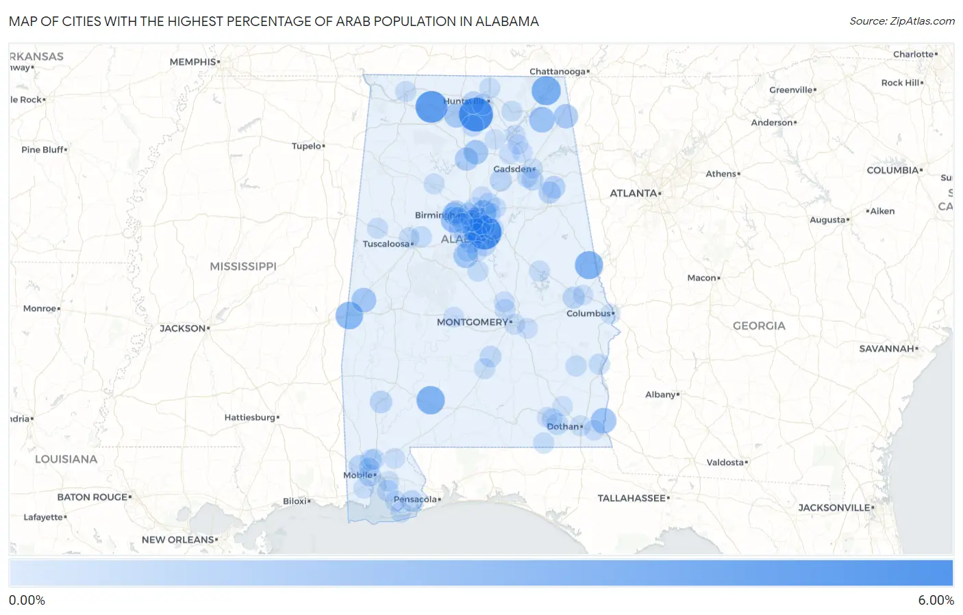 Cities with the Highest Percentage of Arab Population in Alabama Map