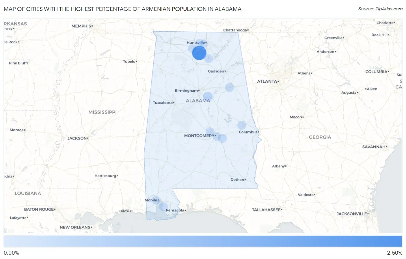 Cities with the Highest Percentage of Armenian Population in Alabama Map