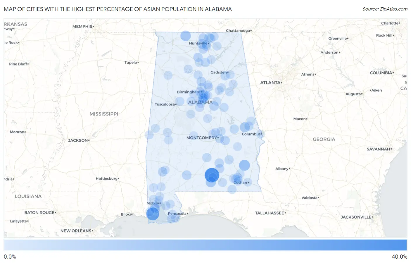 Cities with the Highest Percentage of Asian Population in Alabama Map