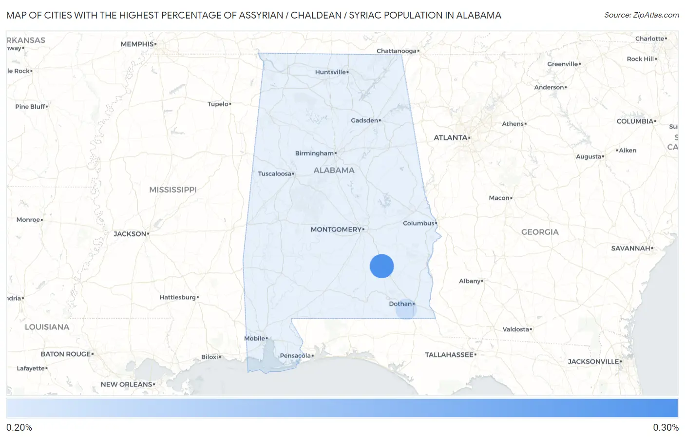 Cities with the Highest Percentage of Assyrian / Chaldean / Syriac Population in Alabama Map