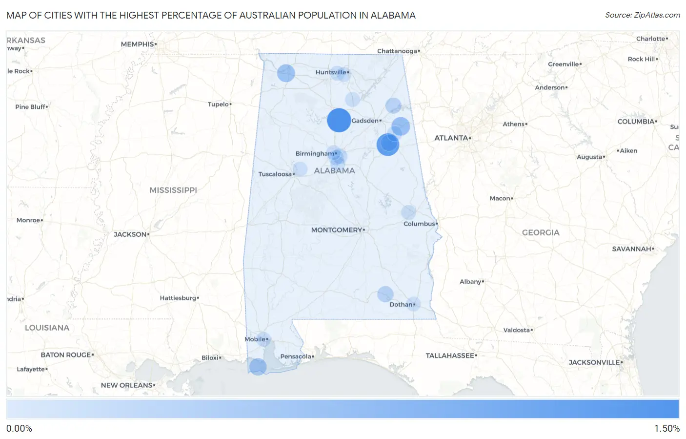 Cities with the Highest Percentage of Australian Population in Alabama Map