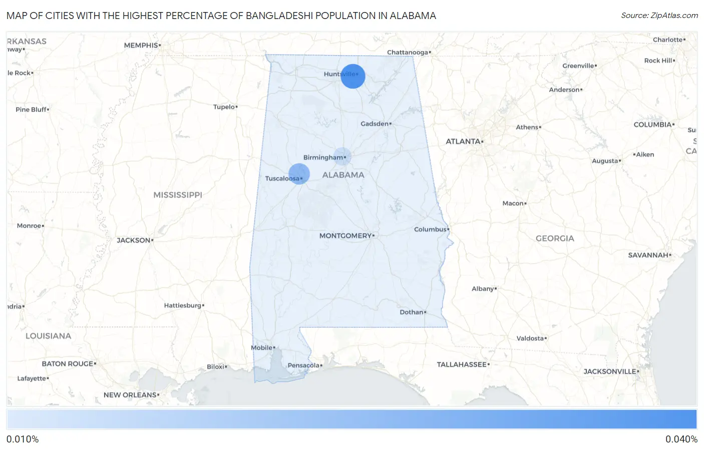 Cities with the Highest Percentage of Bangladeshi Population in Alabama Map