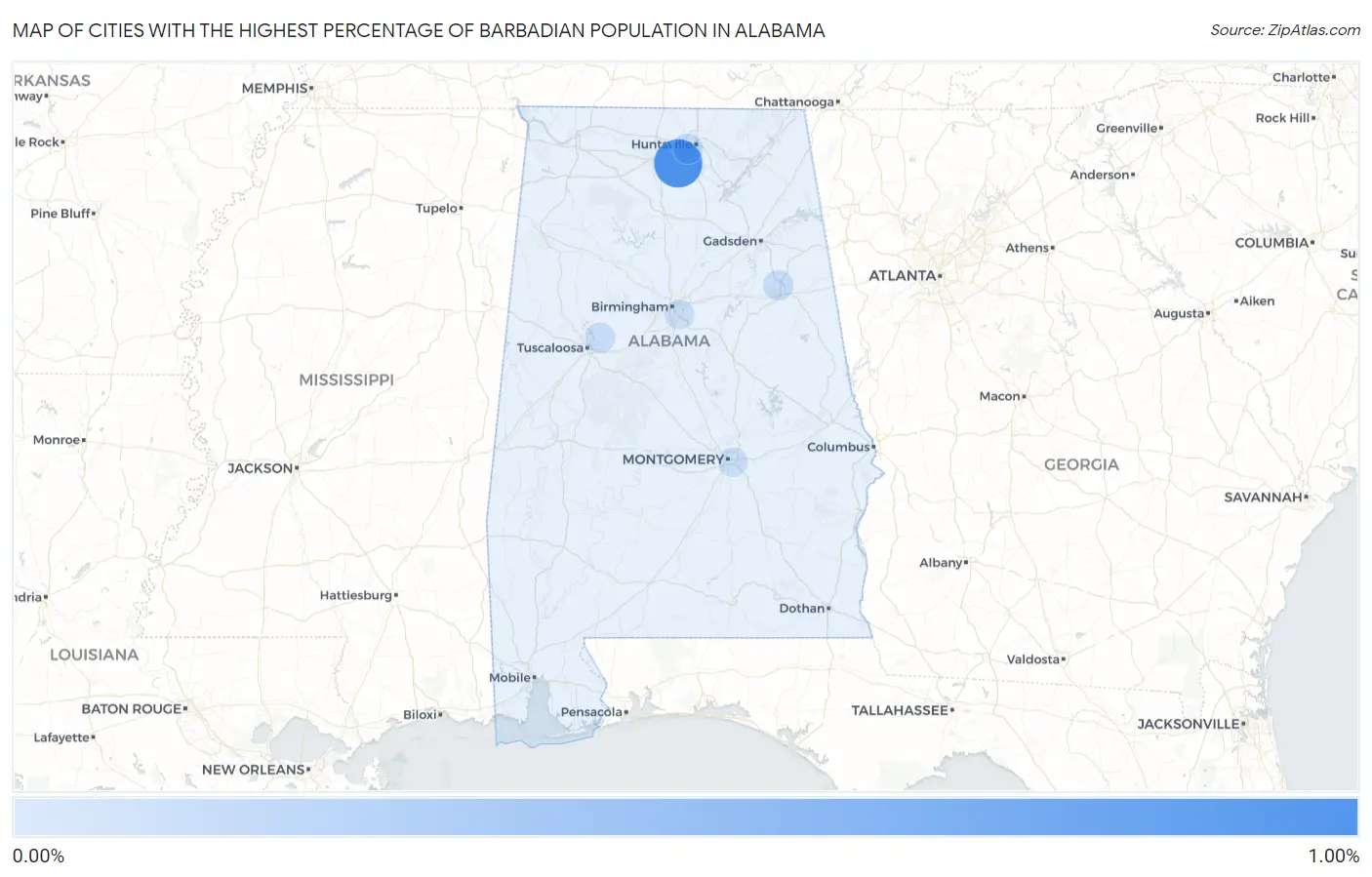 Cities with the Highest Percentage of Barbadian Population in Alabama Map