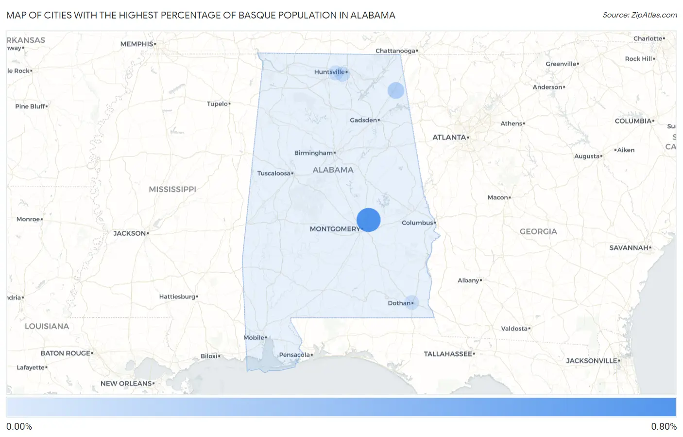 Cities with the Highest Percentage of Basque Population in Alabama Map