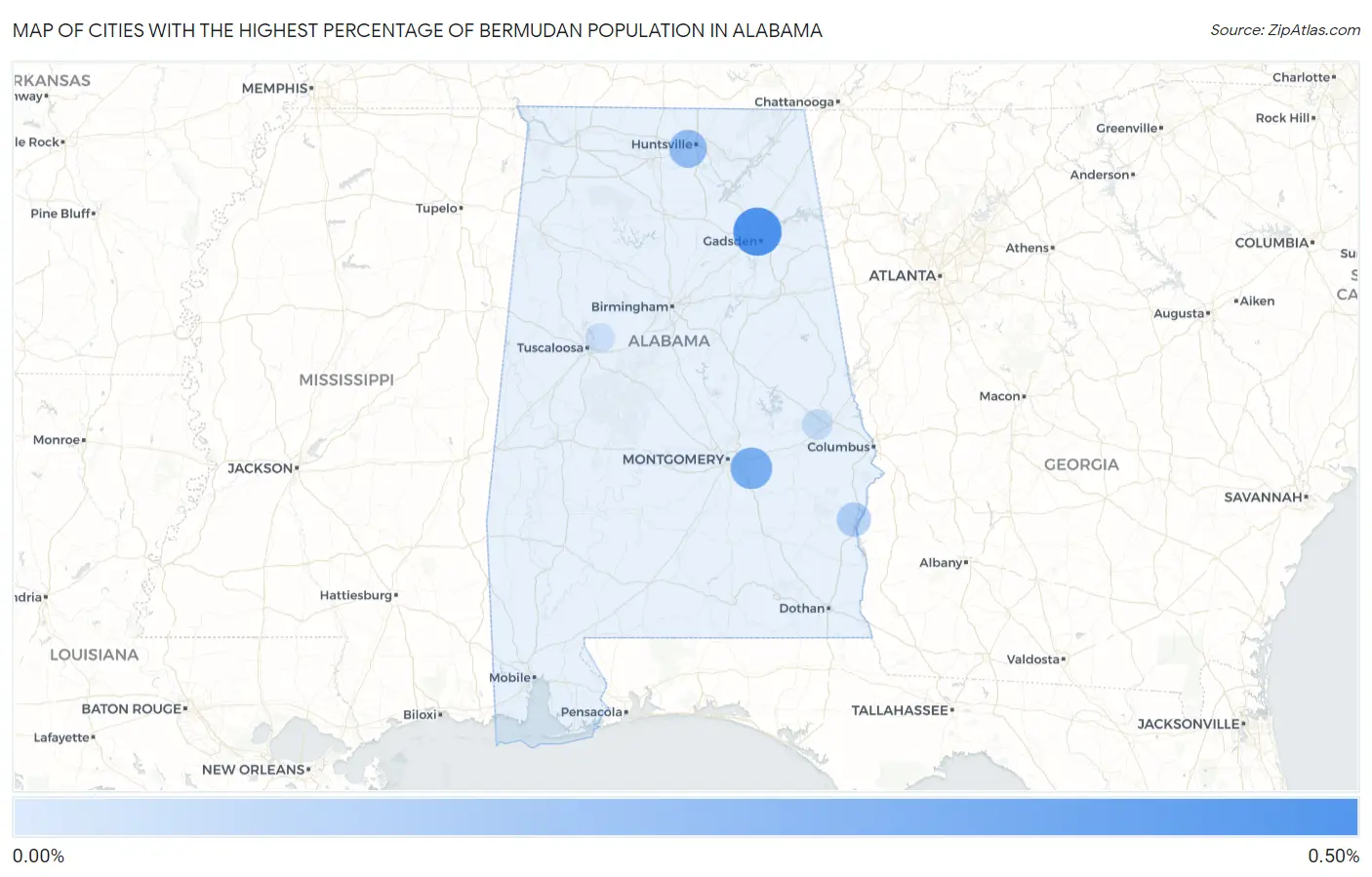 Cities with the Highest Percentage of Bermudan Population in Alabama Map