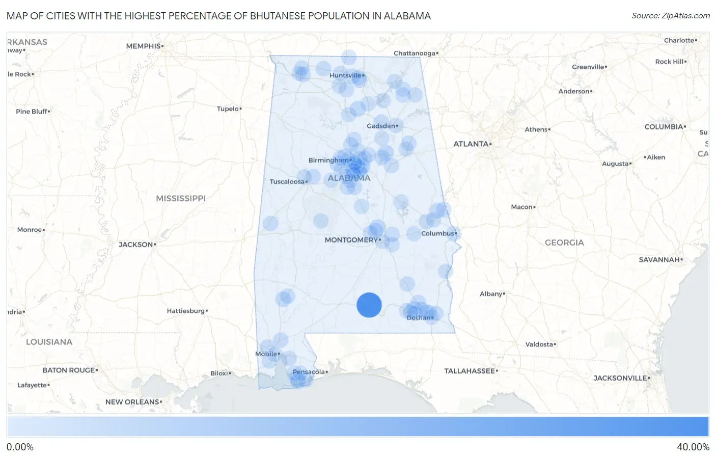 Cities with the Highest Percentage of Bhutanese Population in Alabama Map