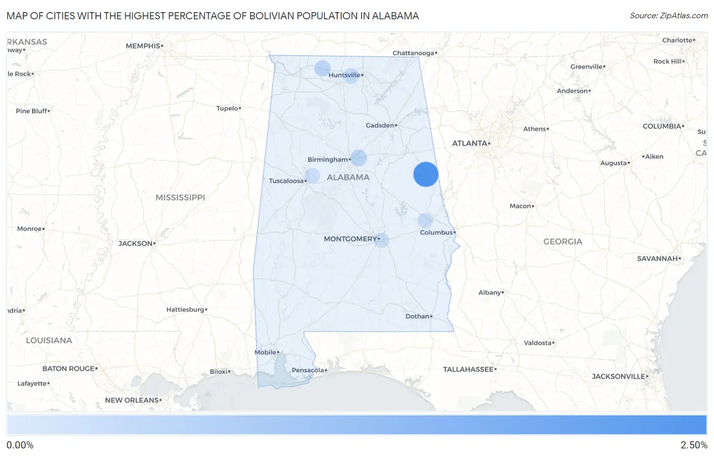 Cities with the Highest Percentage of Bolivian Population in Alabama Map
