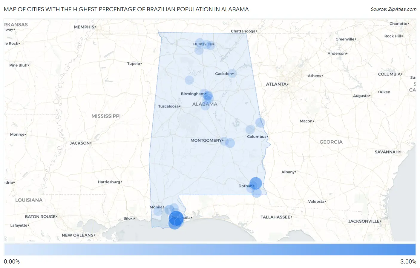 Cities with the Highest Percentage of Brazilian Population in Alabama Map