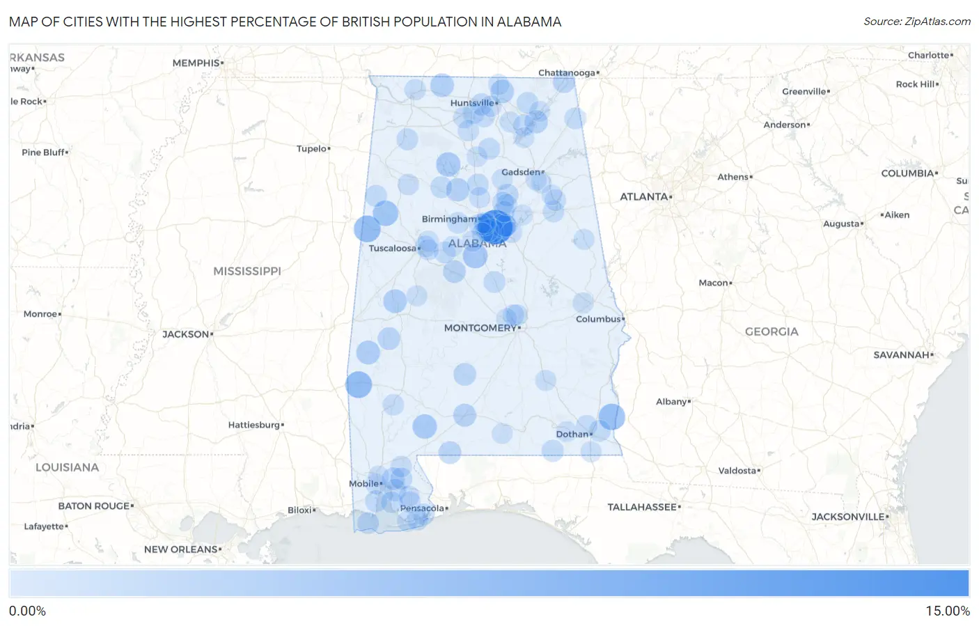 Cities with the Highest Percentage of British Population in Alabama Map