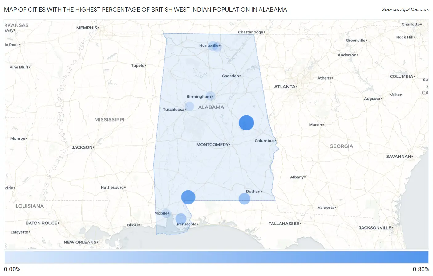 Cities with the Highest Percentage of British West Indian Population in Alabama Map