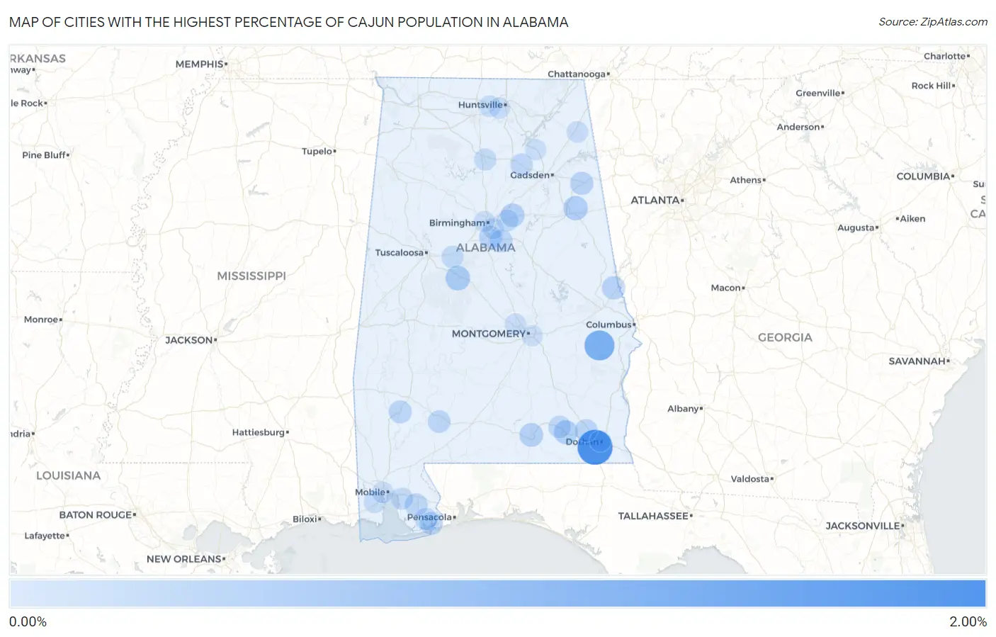 Cities with the Highest Percentage of Cajun Population in Alabama Map