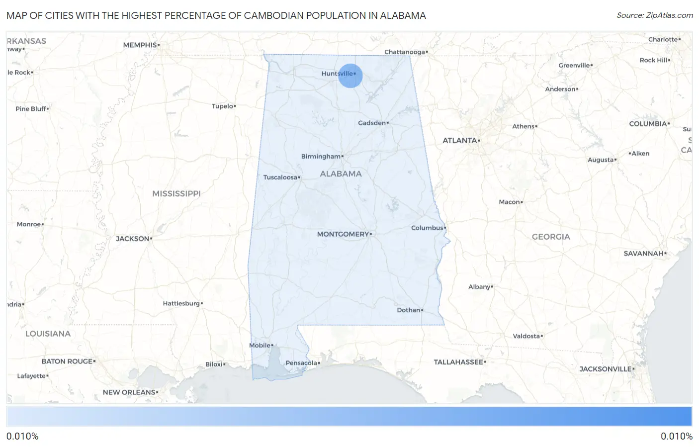 Cities with the Highest Percentage of Cambodian Population in Alabama Map
