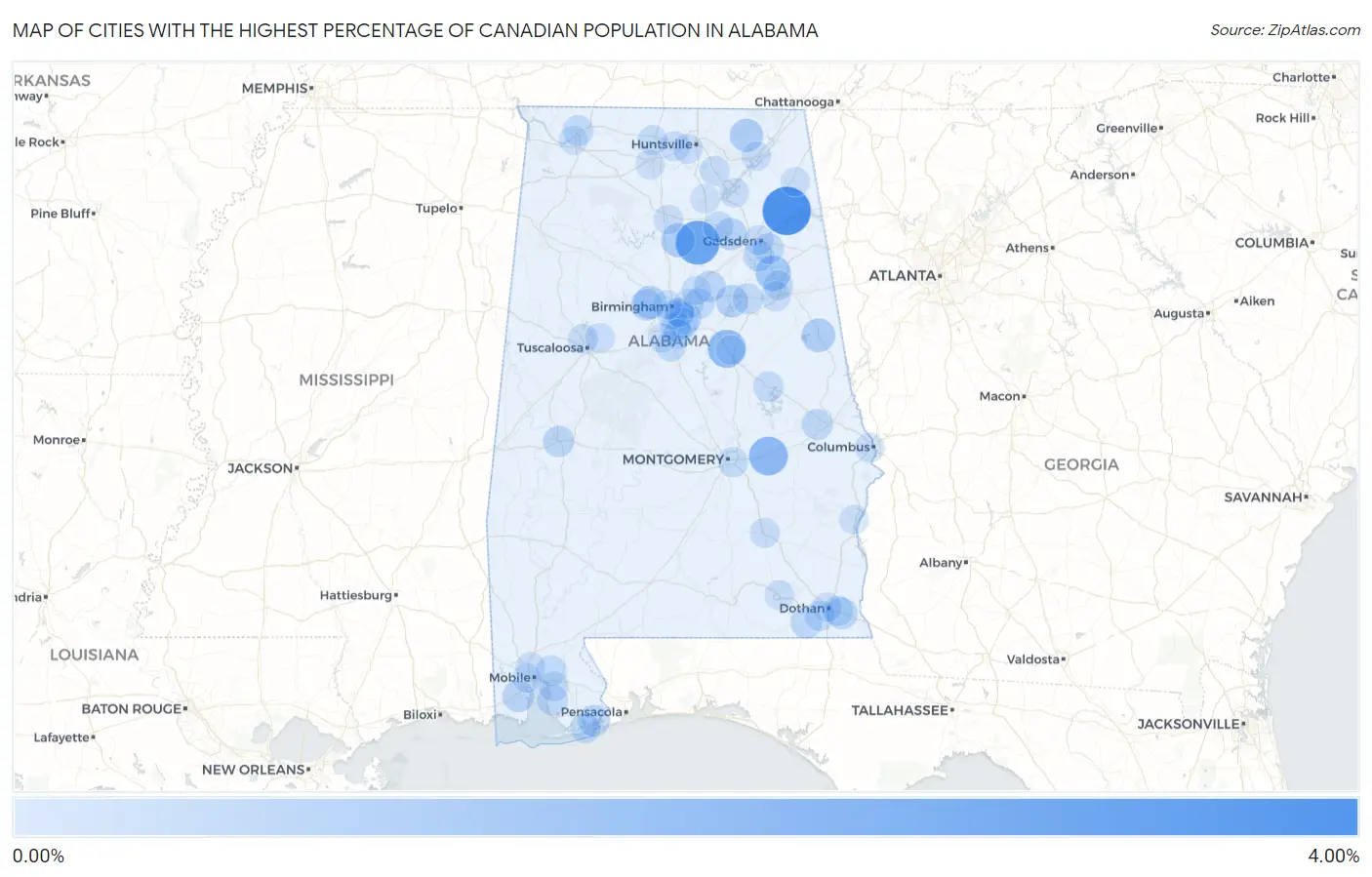 Cities with the Highest Percentage of Canadian Population in Alabama Map