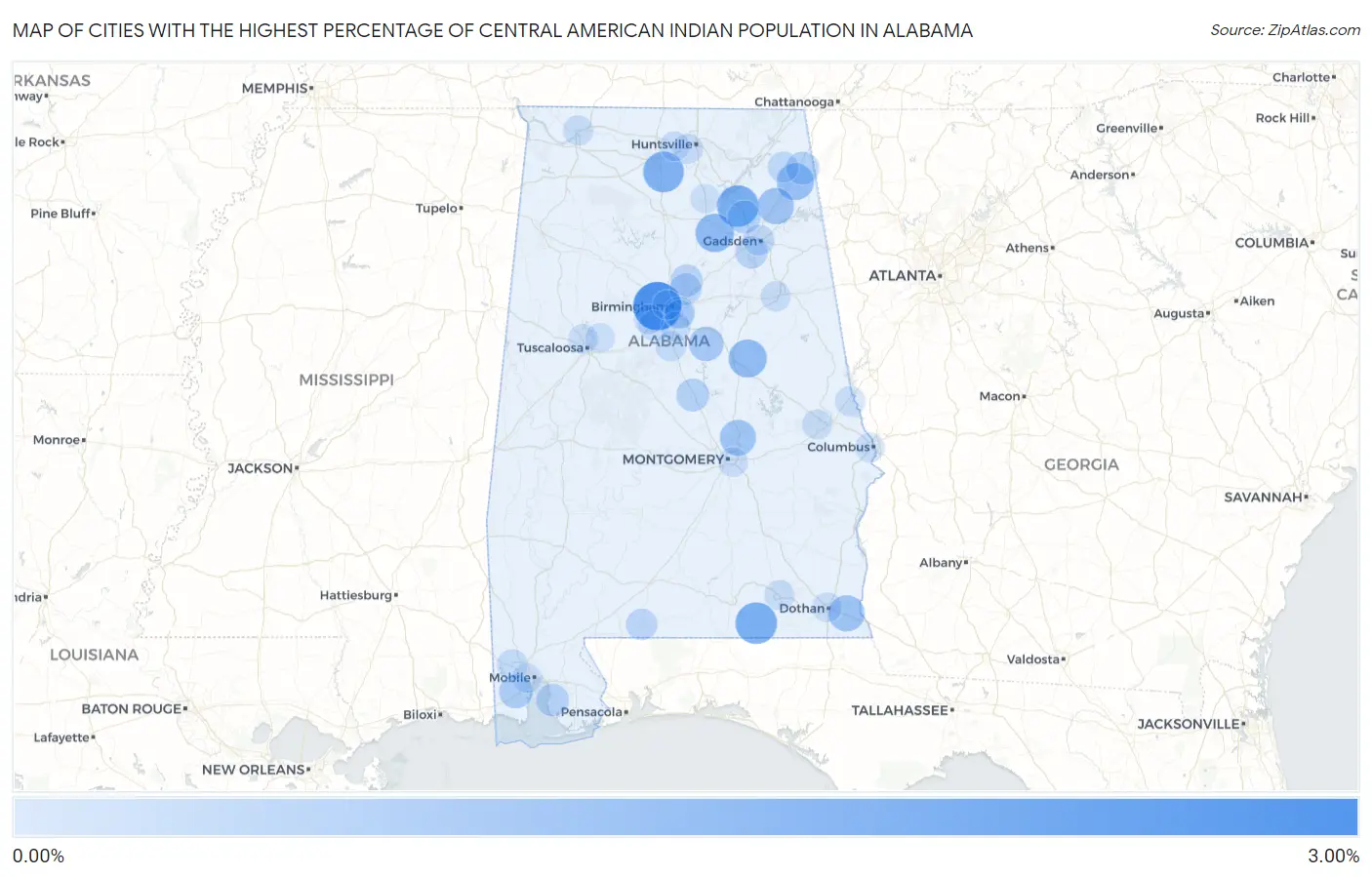 Cities with the Highest Percentage of Central American Indian Population in Alabama Map