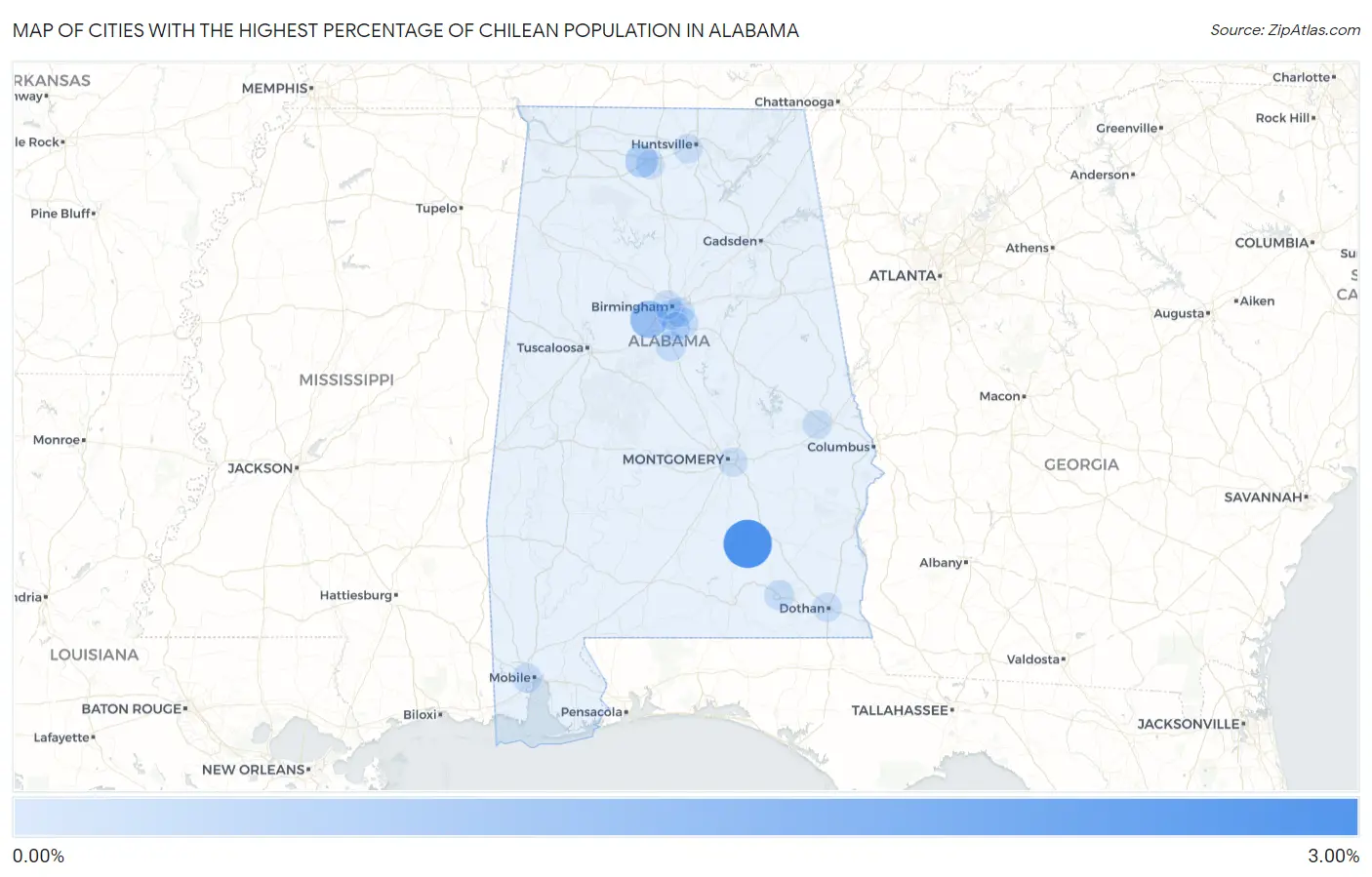 Cities with the Highest Percentage of Chilean Population in Alabama Map
