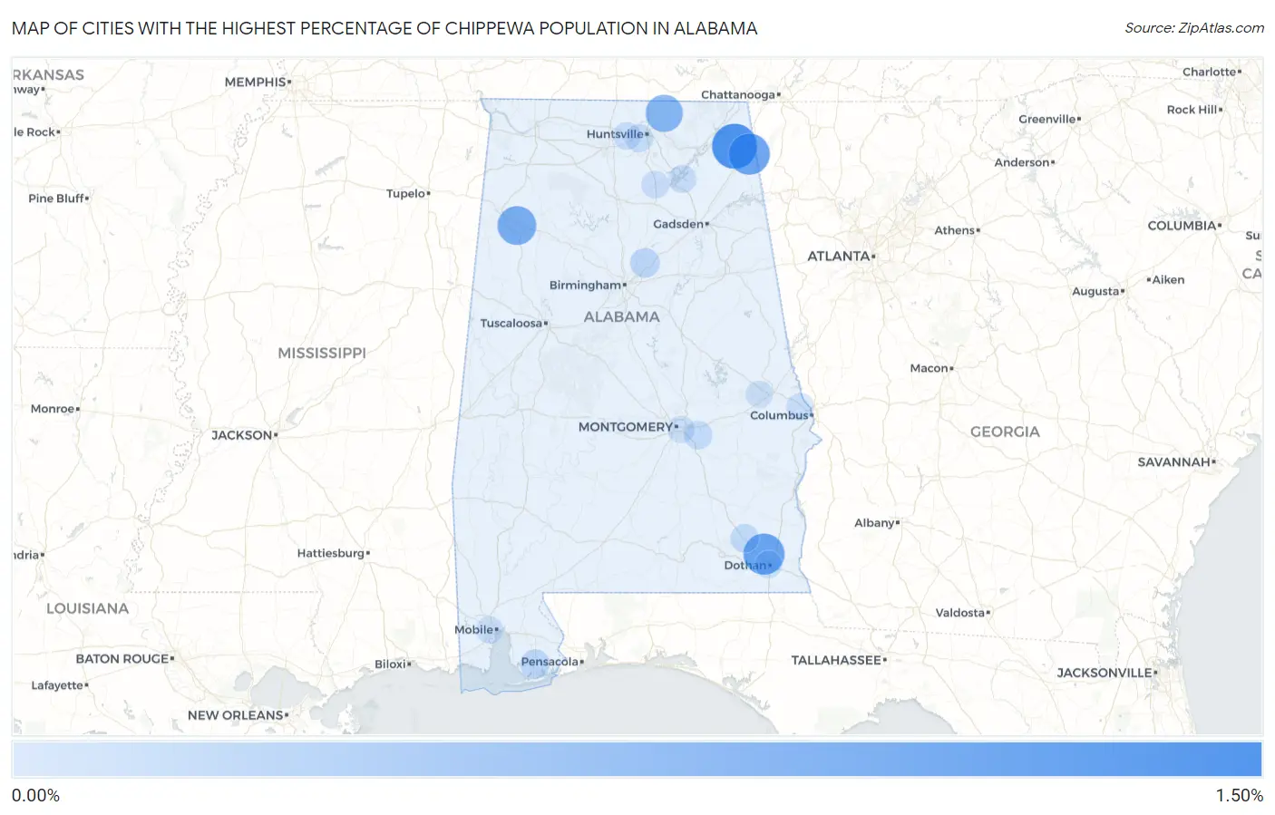 Cities with the Highest Percentage of Chippewa Population in Alabama Map