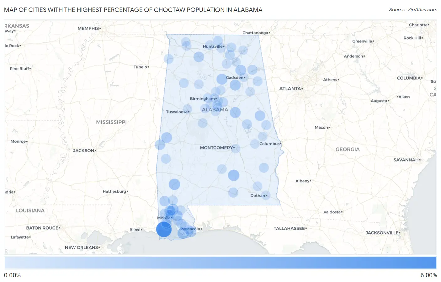Cities with the Highest Percentage of Choctaw Population in Alabama Map