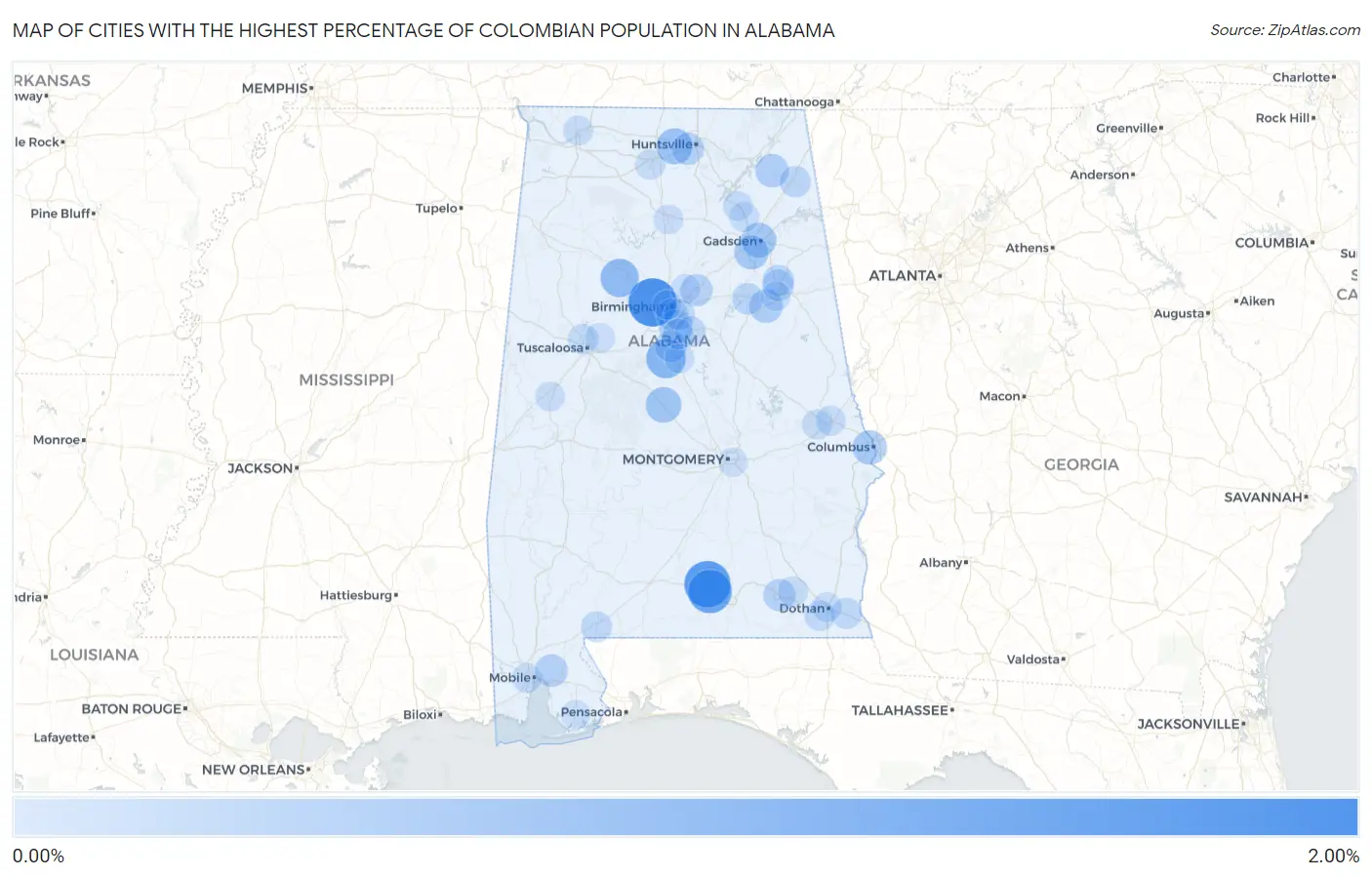 Cities with the Highest Percentage of Colombian Population in Alabama Map