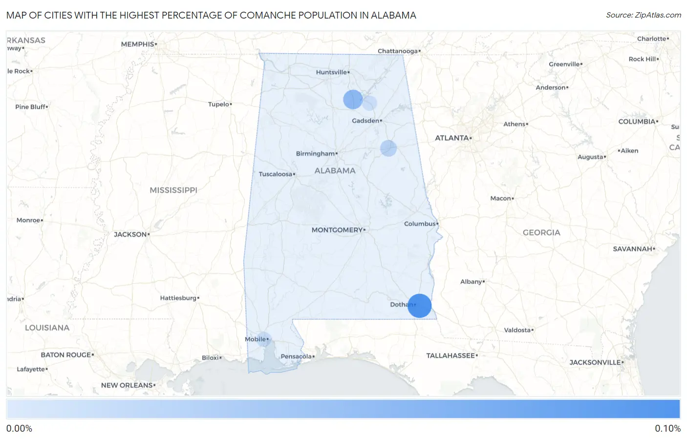 Cities with the Highest Percentage of Comanche Population in Alabama Map