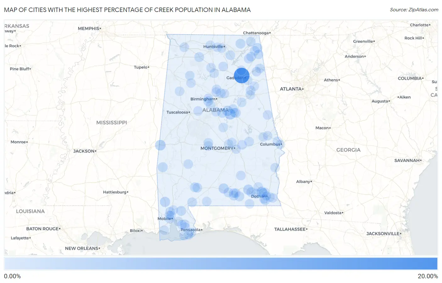 Cities with the Highest Percentage of Creek Population in Alabama Map