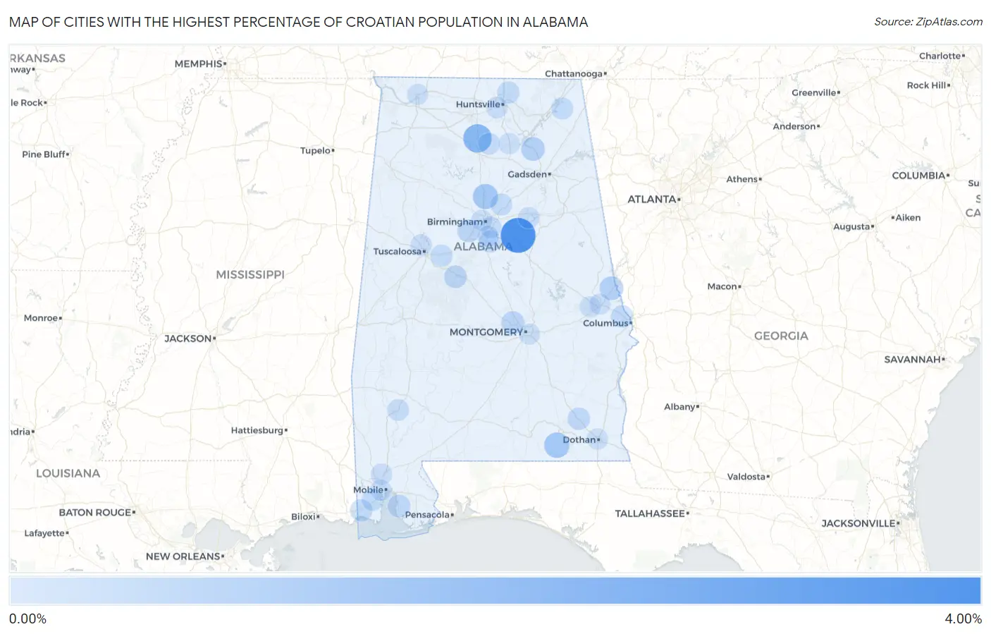 Cities with the Highest Percentage of Croatian Population in Alabama Map