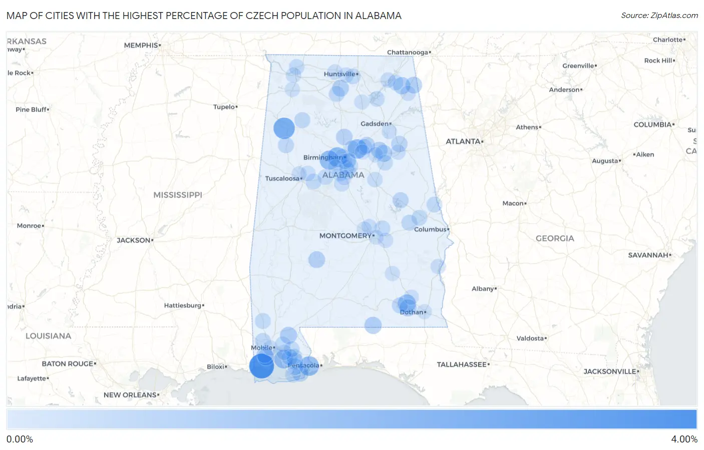 Cities with the Highest Percentage of Czech Population in Alabama Map