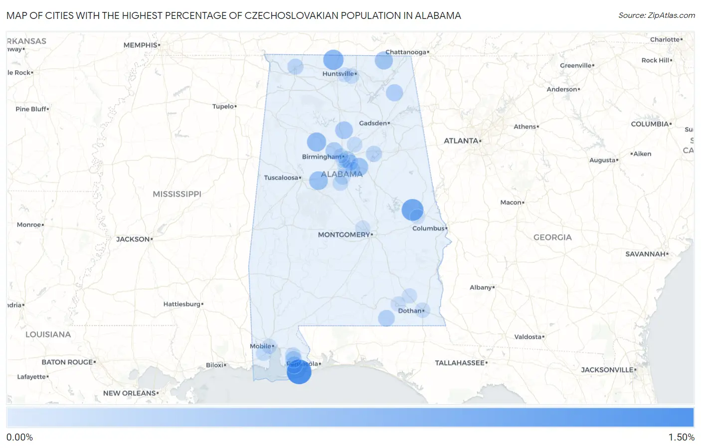 Cities with the Highest Percentage of Czechoslovakian Population in Alabama Map