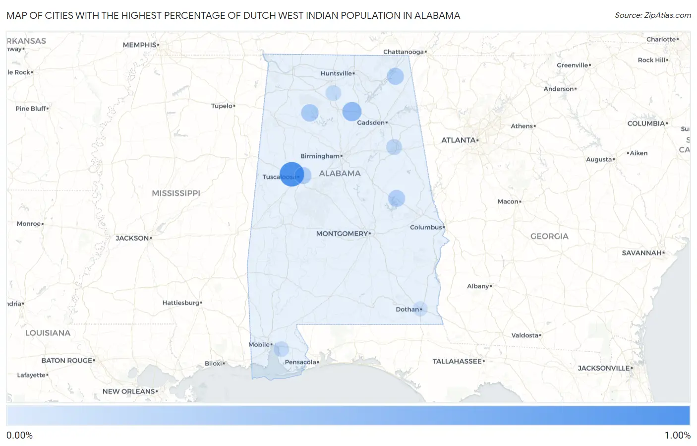 Cities with the Highest Percentage of Dutch West Indian Population in Alabama Map