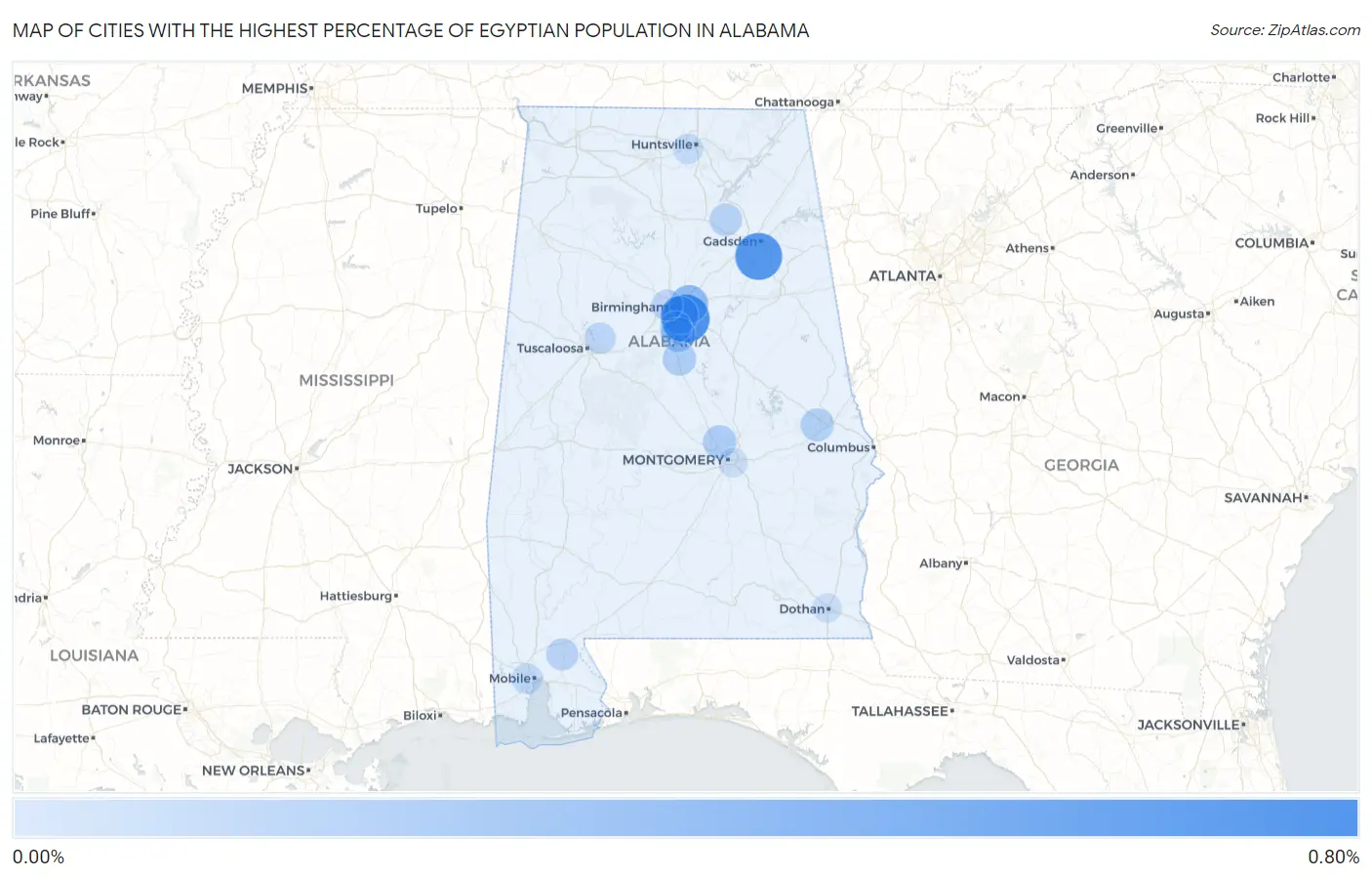 Cities with the Highest Percentage of Egyptian Population in Alabama Map