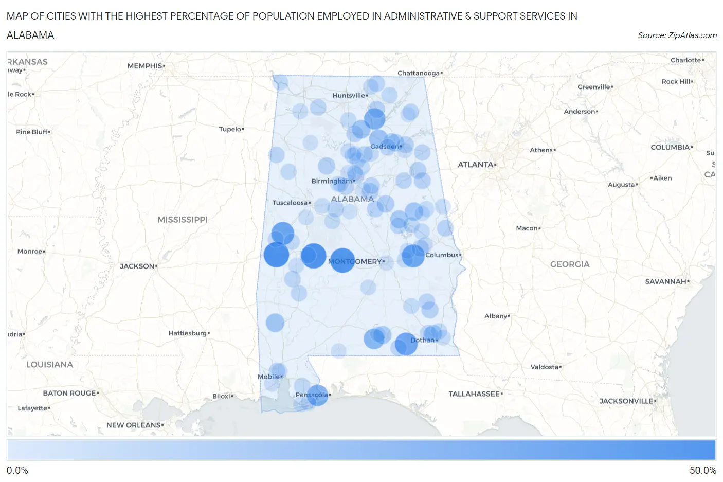 Cities with the Highest Percentage of Population Employed in Administrative & Support Services in Alabama Map