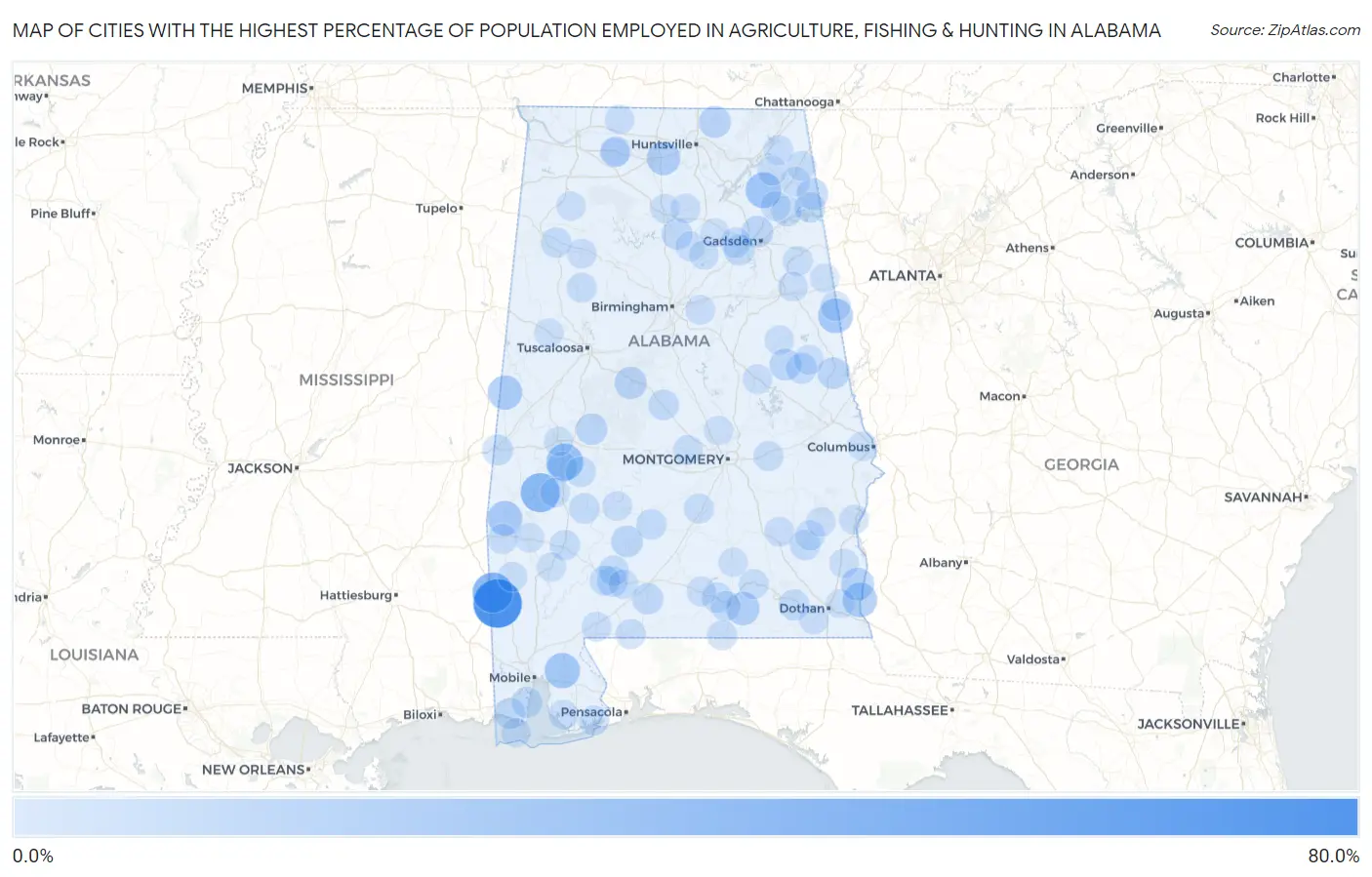 Cities with the Highest Percentage of Population Employed in Agriculture, Fishing & Hunting in Alabama Map