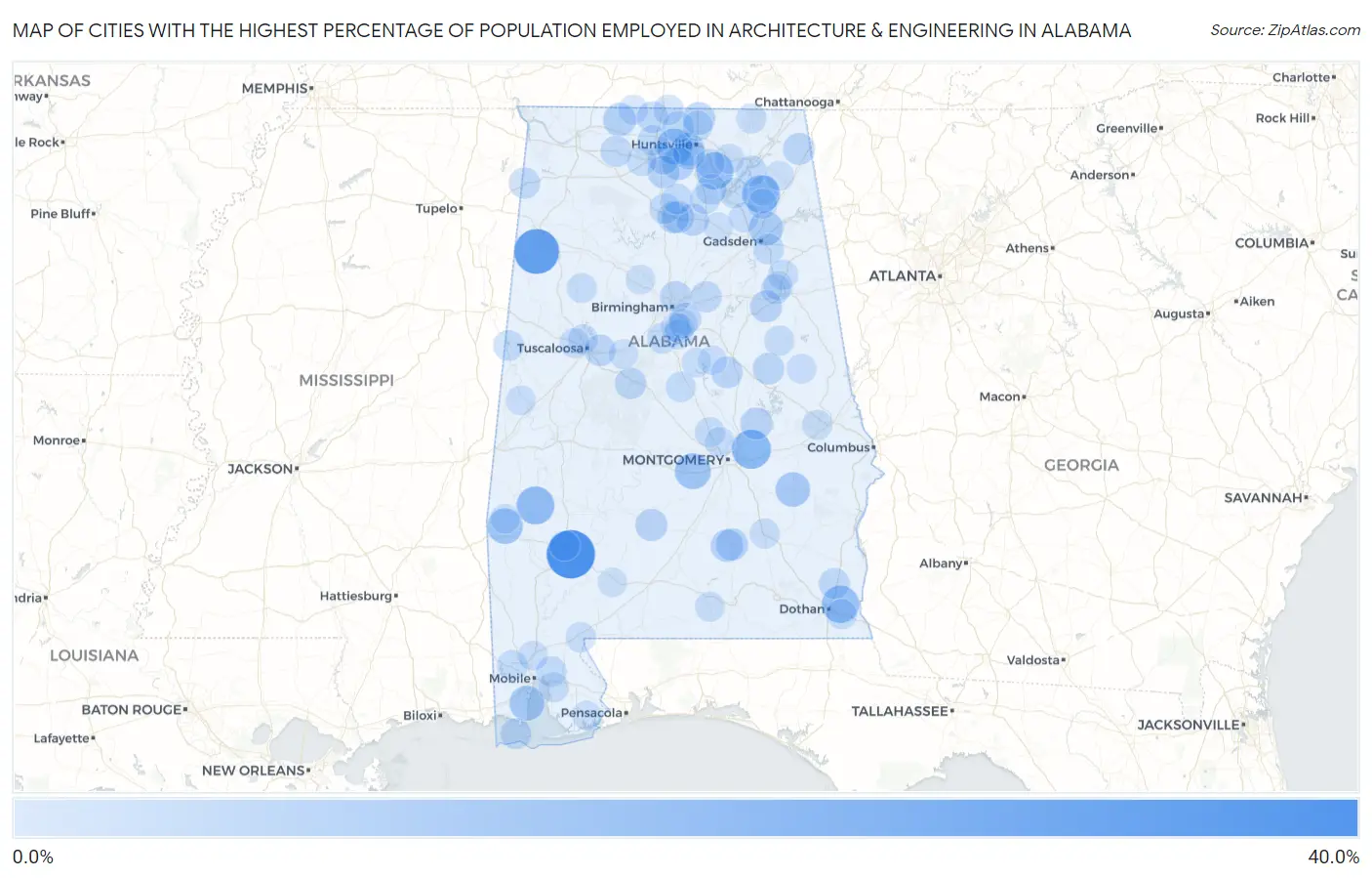 Cities with the Highest Percentage of Population Employed in Architecture & Engineering in Alabama Map
