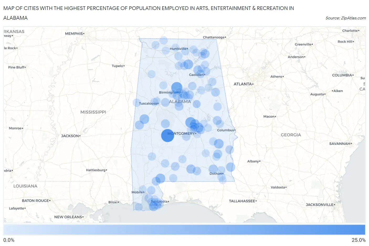 Cities with the Highest Percentage of Population Employed in Arts, Entertainment & Recreation in Alabama Map