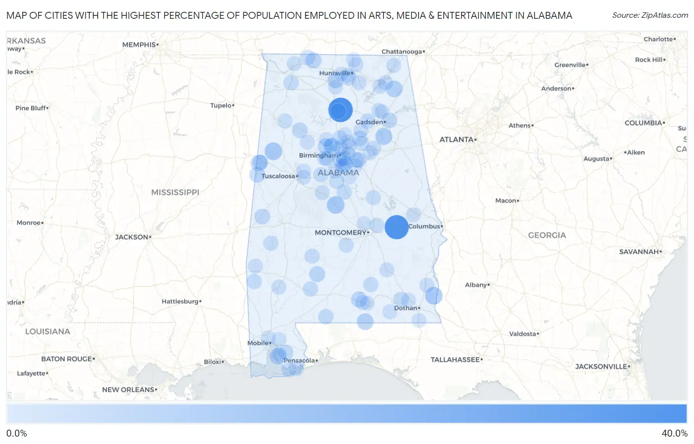 Cities with the Highest Percentage of Population Employed in Arts, Media & Entertainment in Alabama Map