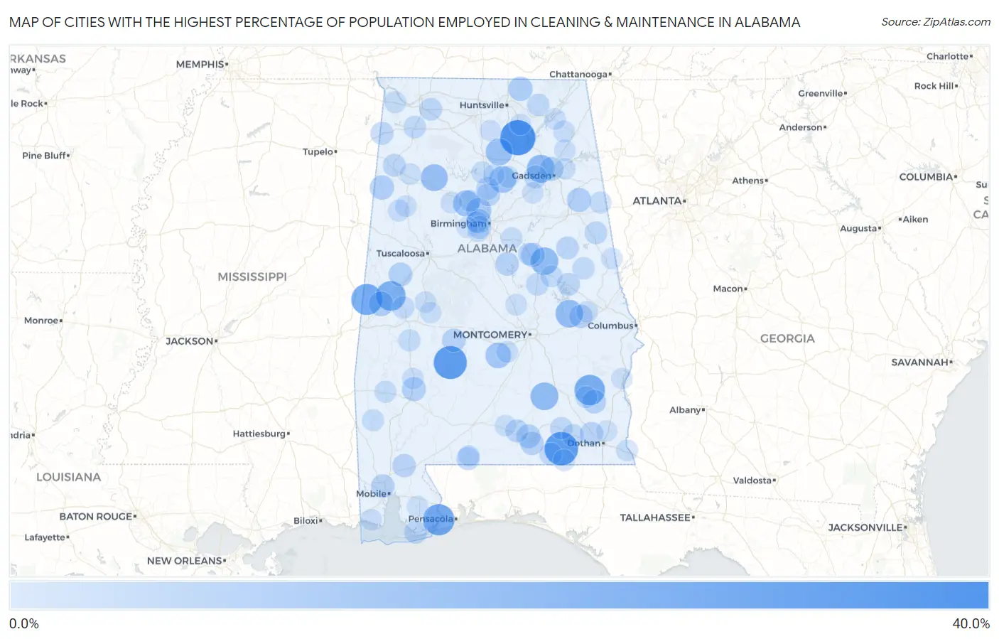Cities with the Highest Percentage of Population Employed in Cleaning & Maintenance in Alabama Map