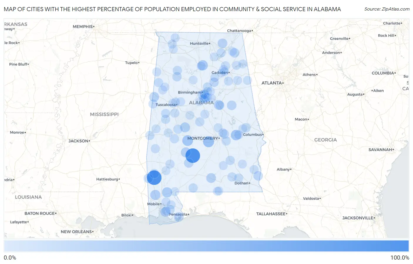 Cities with the Highest Percentage of Population Employed in Community & Social Service  in Alabama Map