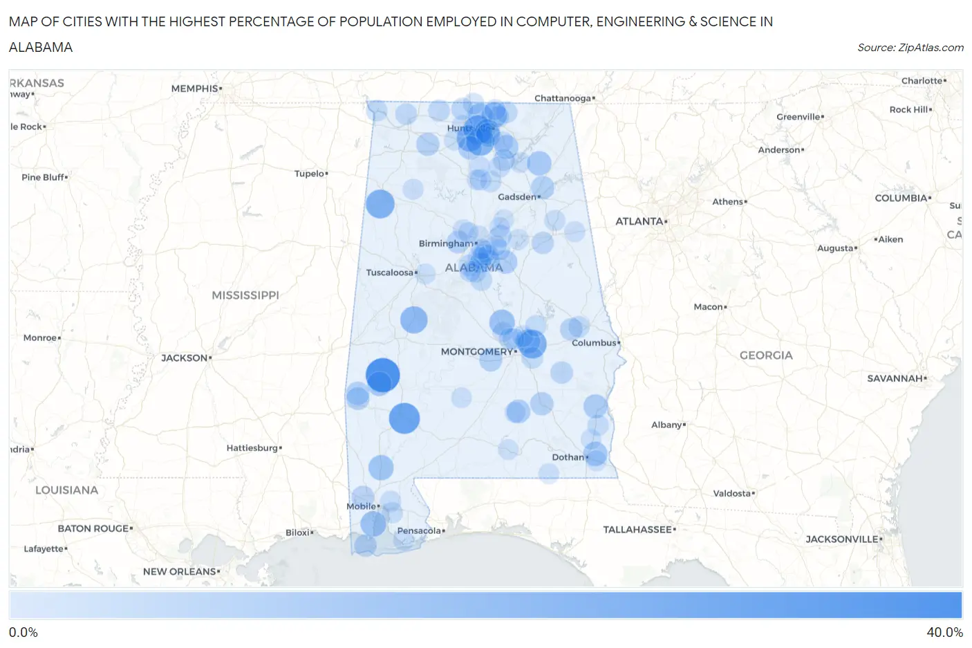 Cities with the Highest Percentage of Population Employed in Computer, Engineering & Science in Alabama Map