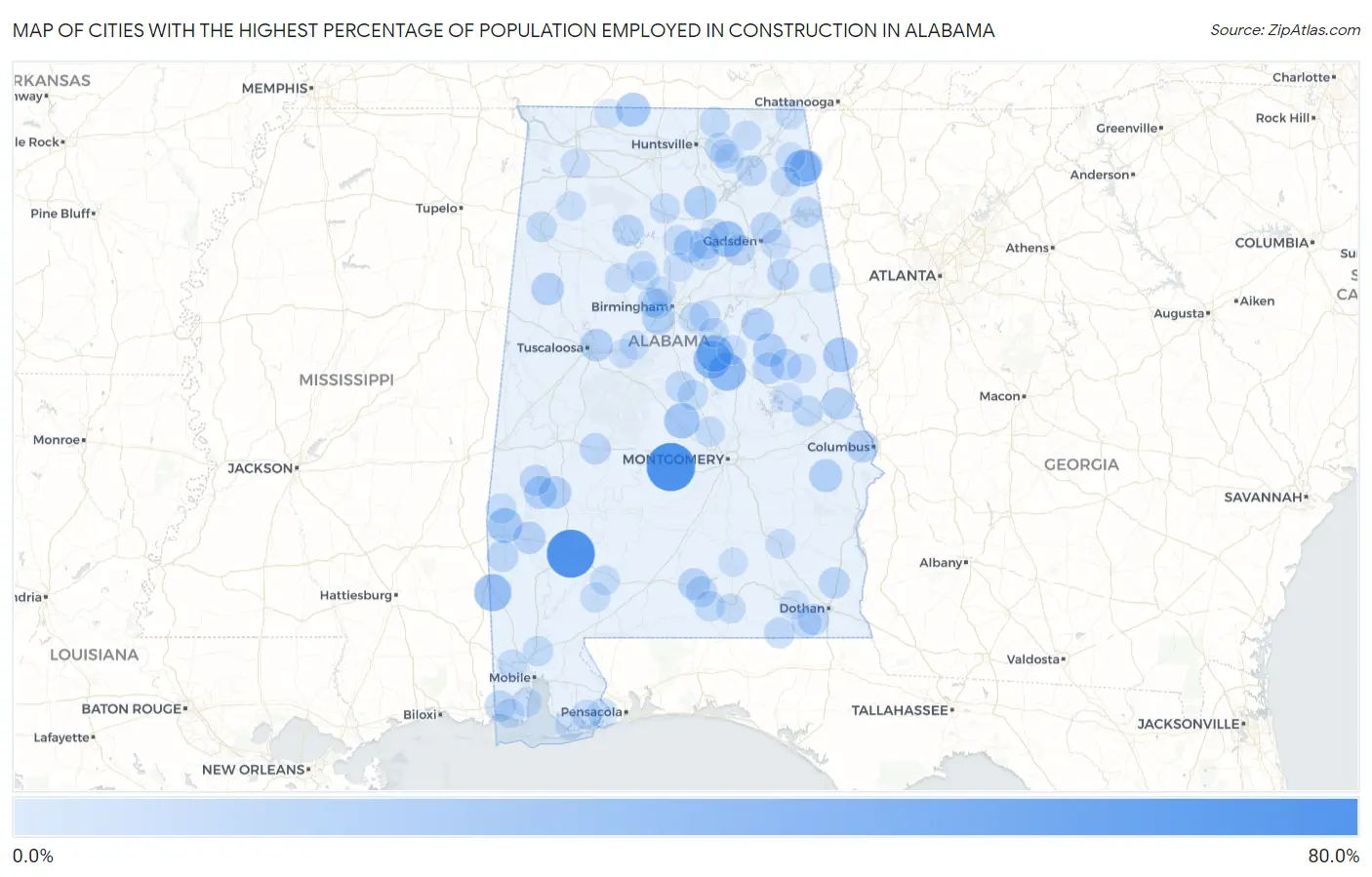 Cities with the Highest Percentage of Population Employed in Construction in Alabama Map