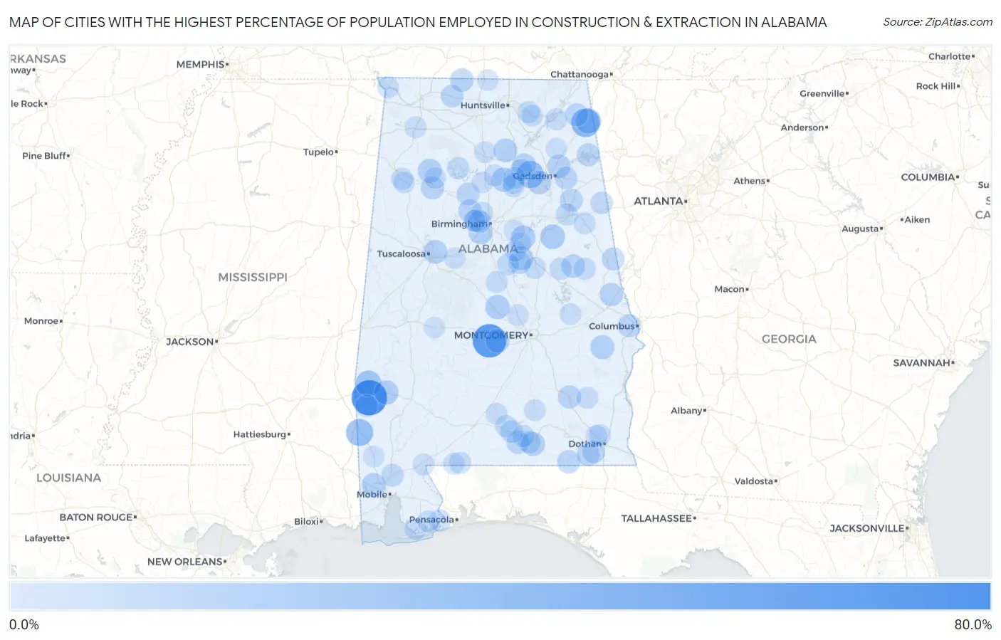 Cities with the Highest Percentage of Population Employed in Construction & Extraction in Alabama Map