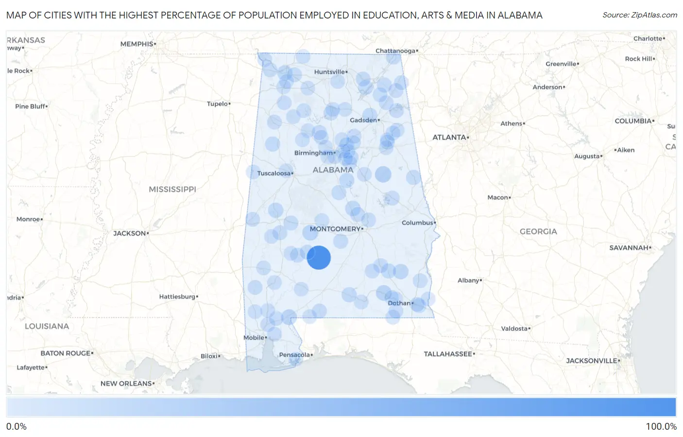 Cities with the Highest Percentage of Population Employed in Education, Arts & Media in Alabama Map