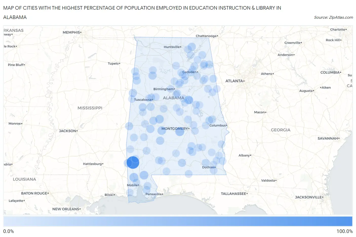Cities with the Highest Percentage of Population Employed in Education Instruction & Library in Alabama Map