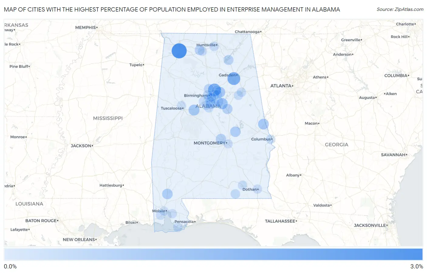 Cities with the Highest Percentage of Population Employed in Enterprise Management in Alabama Map