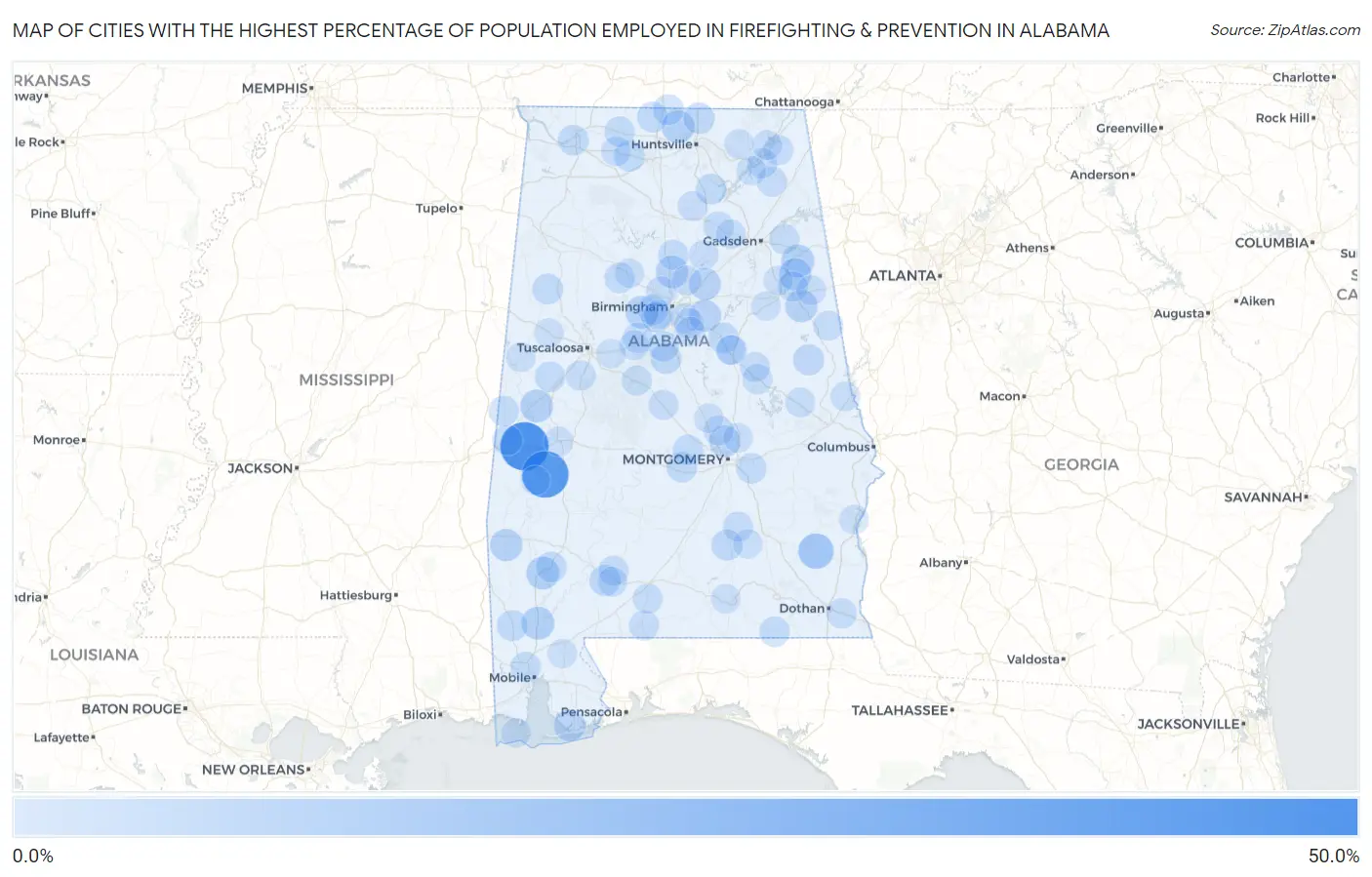 Cities with the Highest Percentage of Population Employed in Firefighting & Prevention in Alabama Map