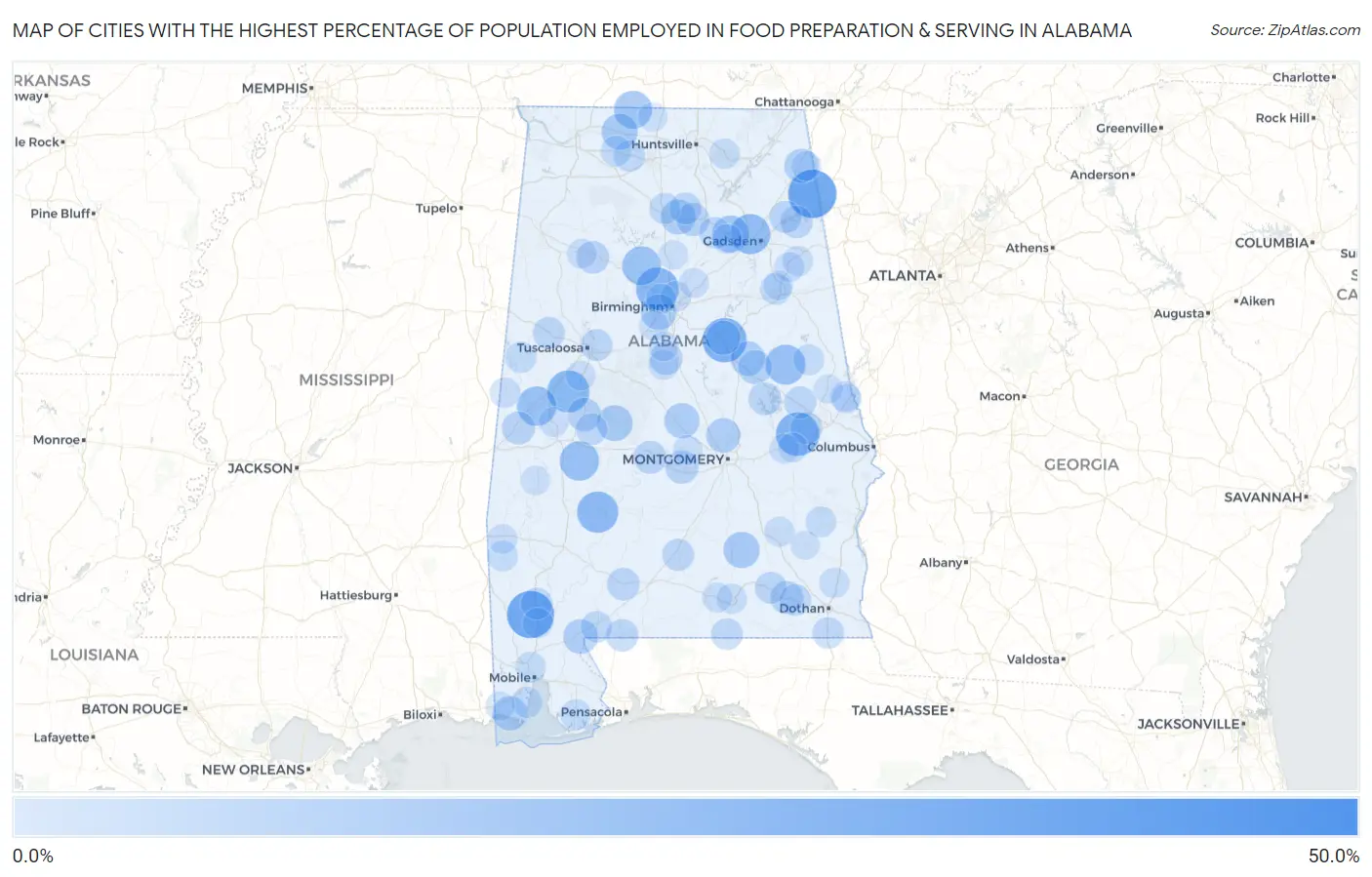 Cities with the Highest Percentage of Population Employed in Food Preparation & Serving in Alabama Map