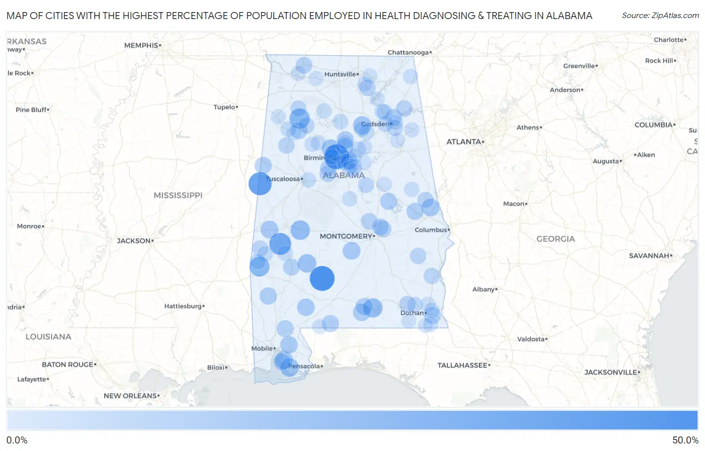Cities with the Highest Percentage of Population Employed in Health Diagnosing & Treating in Alabama Map