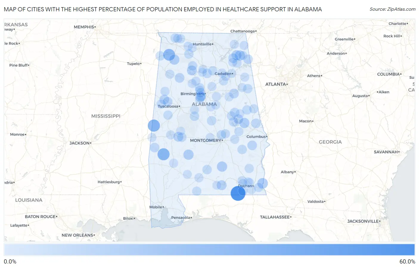 Cities with the Highest Percentage of Population Employed in Healthcare Support in Alabama Map