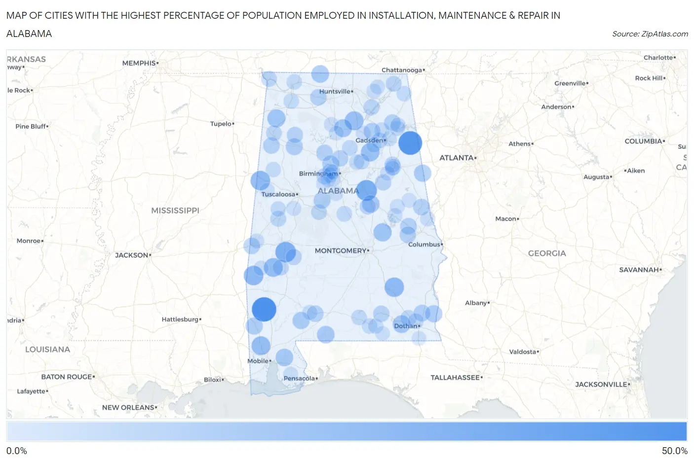 Cities with the Highest Percentage of Population Employed in Installation, Maintenance & Repair in Alabama Map