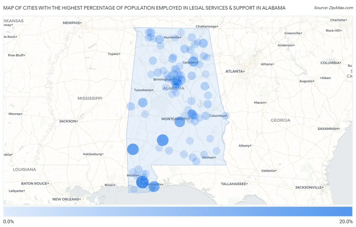 Cities with the Highest Percentage of Population Employed in Legal Services & Support in Alabama Map