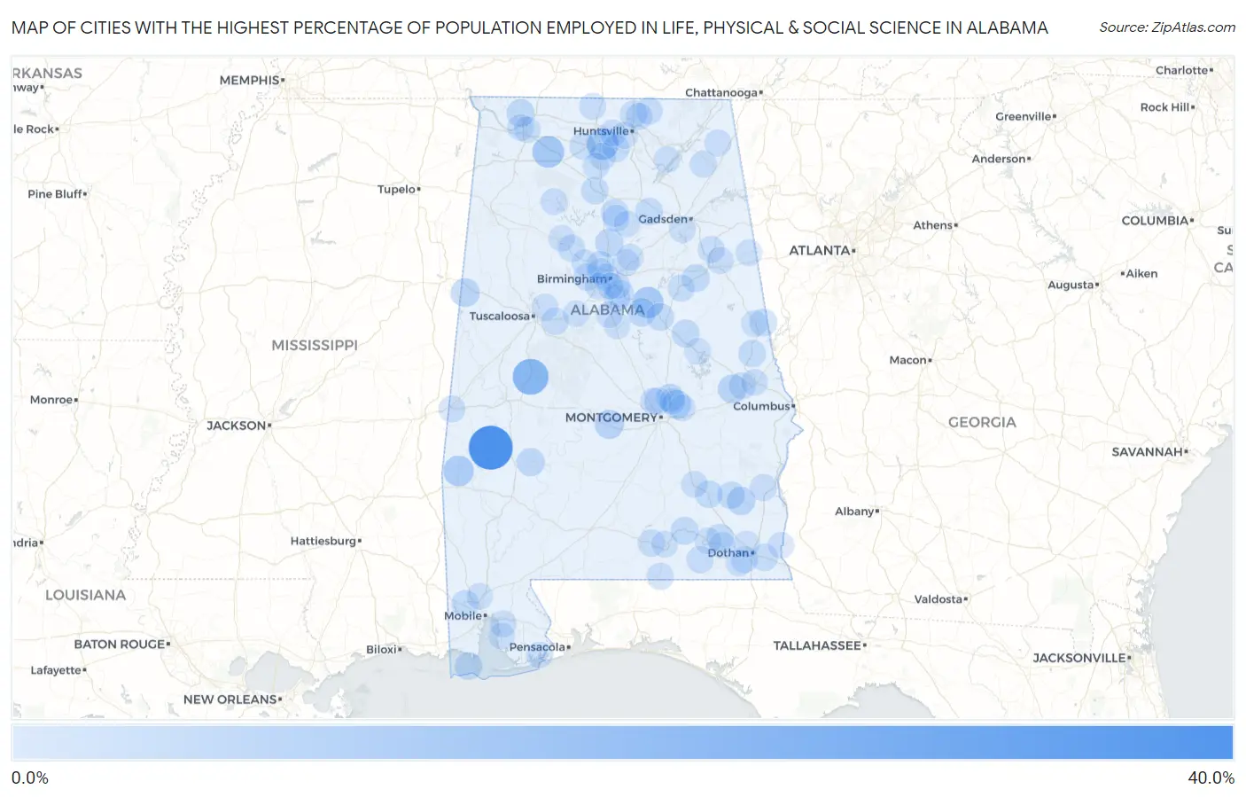 Cities with the Highest Percentage of Population Employed in Life, Physical & Social Science in Alabama Map