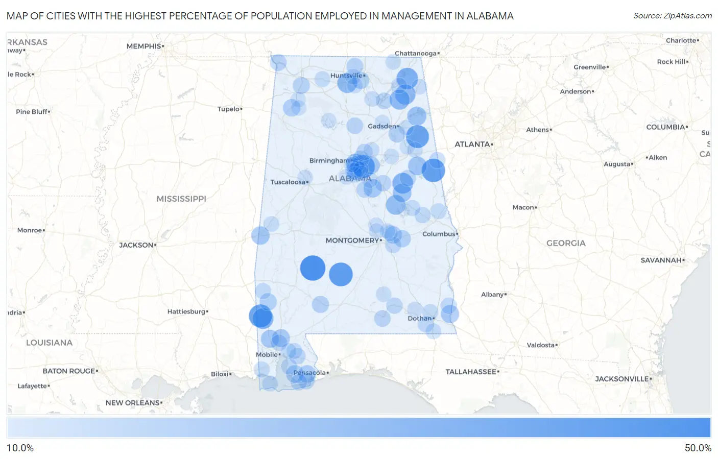 Cities with the Highest Percentage of Population Employed in Management in Alabama Map